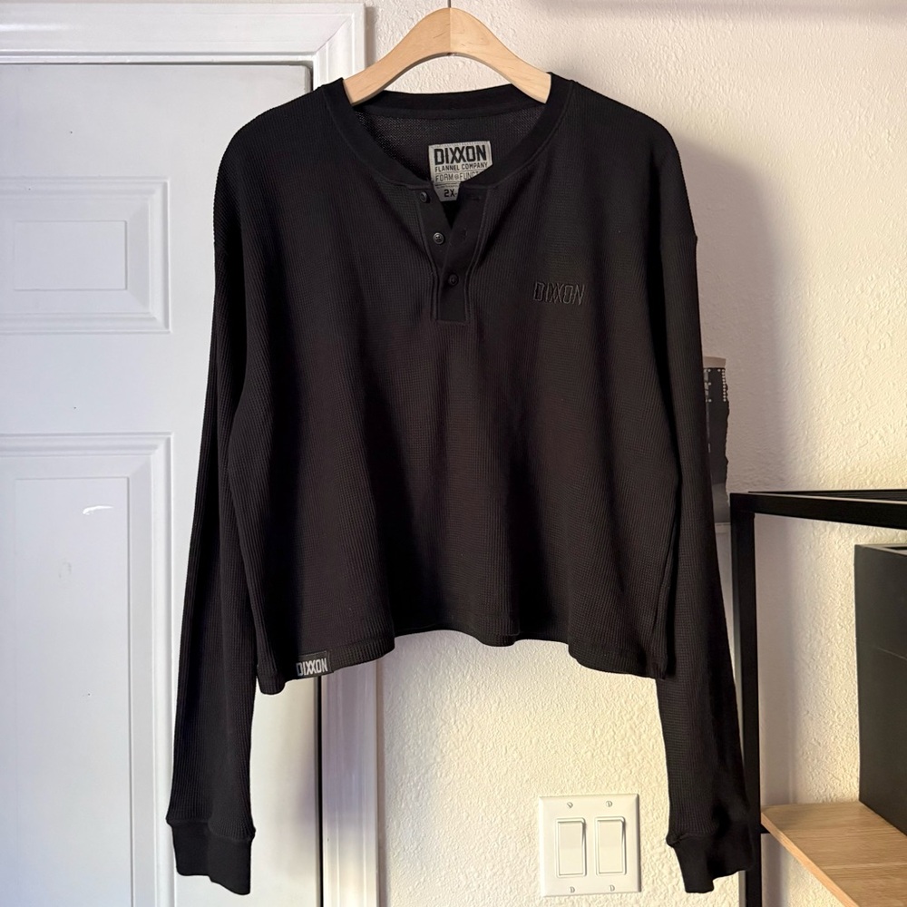 DIXXON black cotton blend waffle thermal knit Henley polo popover tee top shirt